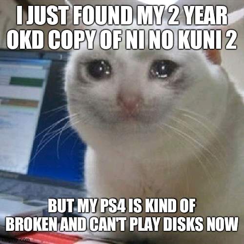 at least I still have the first | I JUST FOUND MY 2 YEAR OKD COPY OF NI NO KUNI 2; BUT MY PS4 IS KIND OF BROKEN AND CAN'T PLAY DISKS NOW | image tagged in crying cat | made w/ Imgflip meme maker