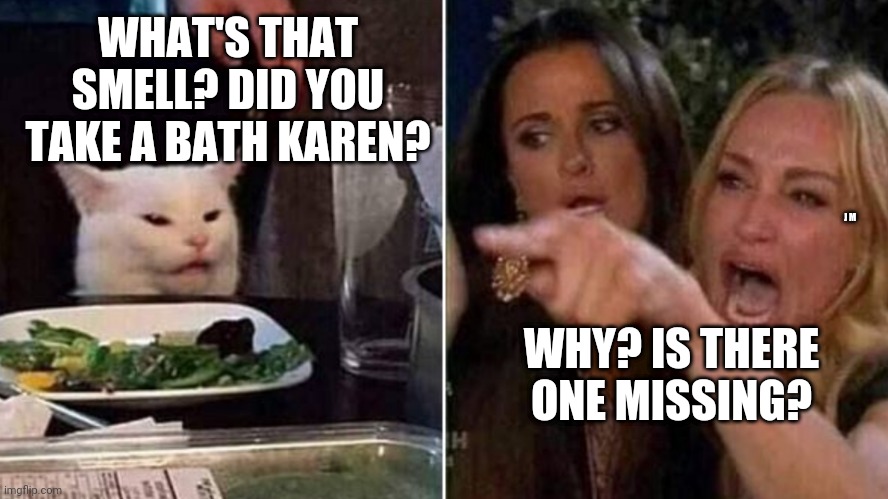 Reverse Smudge and Karen | WHAT'S THAT SMELL? DID YOU TAKE A BATH KAREN? J M; WHY? IS THERE ONE MISSING? | image tagged in reverse smudge and karen | made w/ Imgflip meme maker
