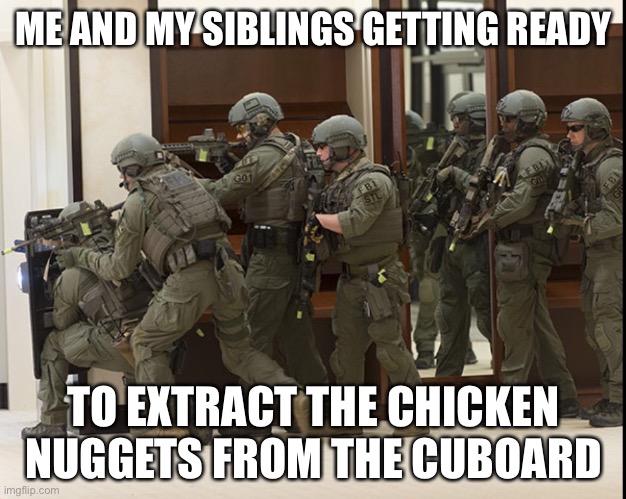 MUM | ME AND MY SIBLINGS GETTING READY; TO EXTRACT THE CHICKEN NUGGETS FROM THE CUBOARD | image tagged in fbi swat | made w/ Imgflip meme maker