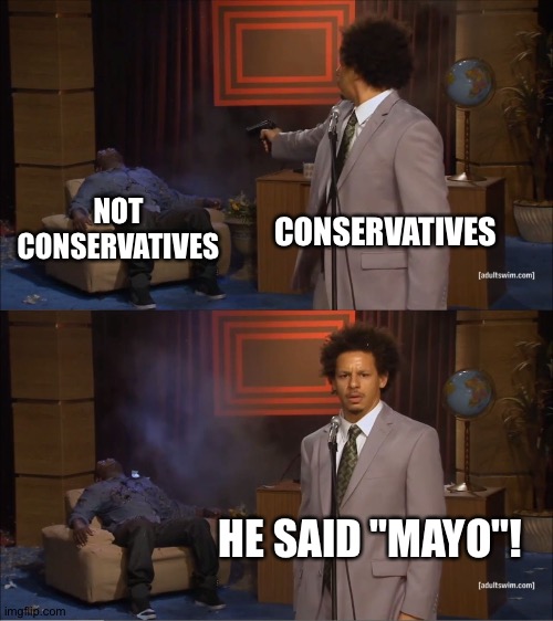 Mayo | CONSERVATIVES; NOT
CONSERVATIVES; HE SAID "MAYO"! | image tagged in memes,who killed hannibal | made w/ Imgflip meme maker