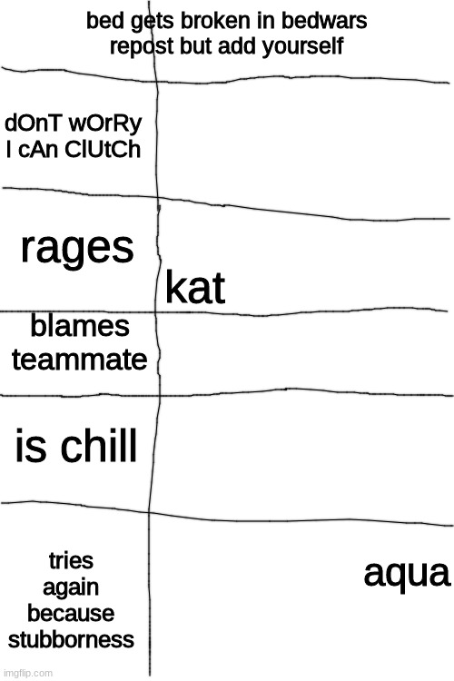 BLANK | bed gets broken in bedwars
repost but add yourself; dOnT wOrRy I cAn ClUtCh; rages; kat; blames teammate; is chill; tries again because stubborness; aqua | image tagged in blank | made w/ Imgflip meme maker