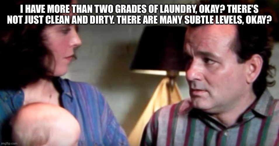 Ghostbusters | I HAVE MORE THAN TWO GRADES OF LAUNDRY, OKAY? THERE'S NOT JUST CLEAN AND DIRTY. THERE ARE MANY SUBTLE LEVELS, OKAY? | image tagged in ghostbusters movie | made w/ Imgflip meme maker
