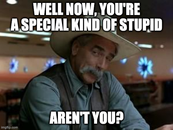 special kind of stupid | WELL NOW, YOU'RE A SPECIAL KIND OF STUPID; AREN'T YOU? | image tagged in special kind of stupid | made w/ Imgflip meme maker