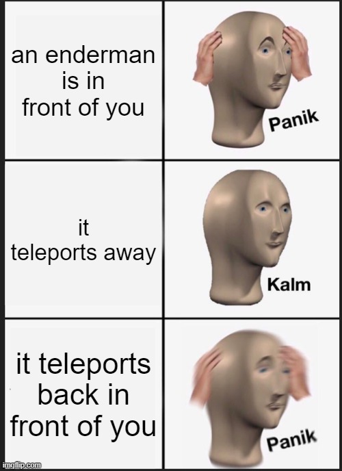 Panik Kalm Panik | an enderman is in front of you; it teleports away; it teleports back in front of you | image tagged in memes,panik kalm panik | made w/ Imgflip meme maker