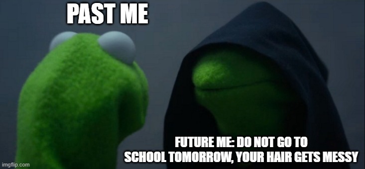 Evil Kermit | PAST ME; FUTURE ME: DO NOT GO TO SCHOOL TOMORROW, YOUR HAIR GETS MESSY | image tagged in memes,evil kermit | made w/ Imgflip meme maker