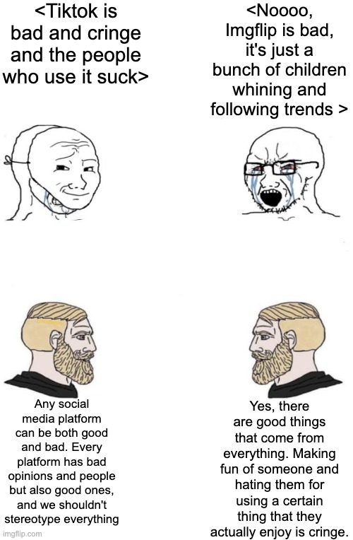sTRAWMAN ARGUMENTS SUCK | <Tiktok is bad and cringe and the people who use it suck>; <Noooo, Imgflip is bad, it's just a bunch of children whining and following trends >; Yes, there are good things that come from everything. Making fun of someone and hating them for using a certain thing that they actually enjoy is cringe. Any social media platform can be both good and bad. Every platform has bad opinions and people but also good ones, and we shouldn't stereotype everything | image tagged in chad we know | made w/ Imgflip meme maker
