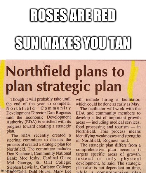  ROSES ARE RED; SUN MAKES YOU TAN | image tagged in blank white template,red_roses_poem_memes | made w/ Imgflip meme maker