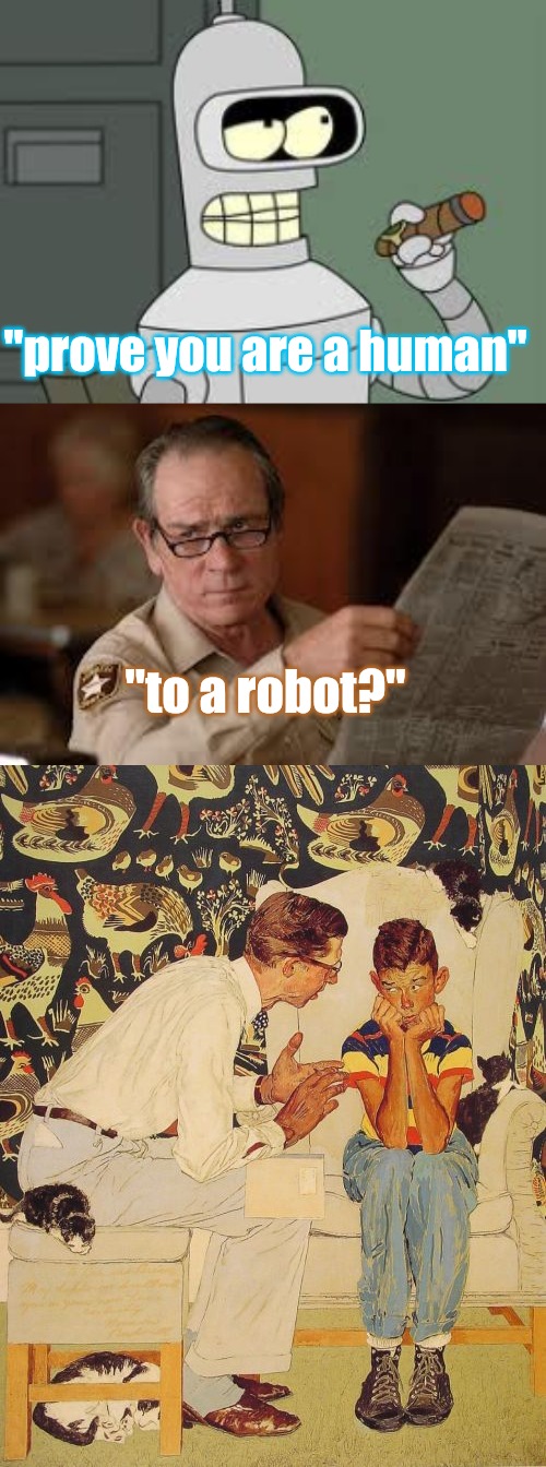 Prove you are a human.... to a robot? |  "prove you are a human"; "to a robot?" | image tagged in bender,no country for old men tommy lee jones,memes,the problem is,robert de niro | made w/ Imgflip meme maker