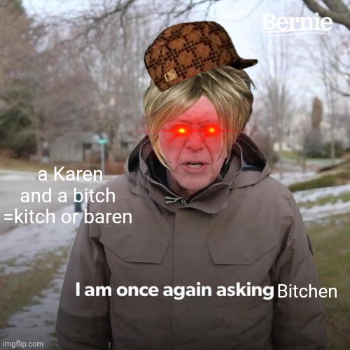 Hehe | a Karen and a bitch =kitch or baren; Bitchen | image tagged in memes,bernie i am once again asking for your support | made w/ Imgflip meme maker