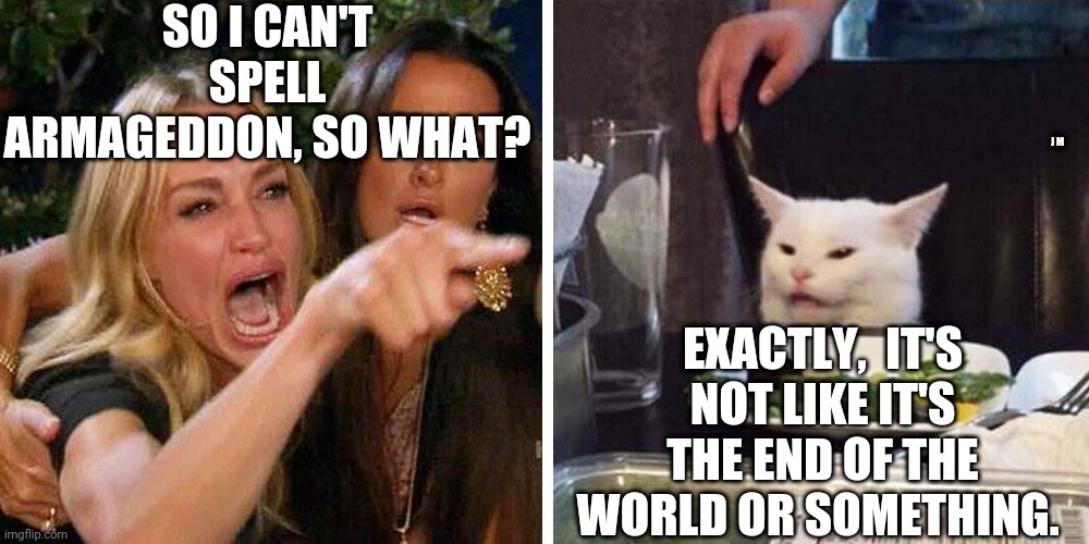 Smudge the cat | SO I CAN'T SPELL ARMAGEDDON, SO WHAT? J M; EXACTLY,  IT'S NOT LIKE IT'S THE END OF THE WORLD OR SOMETHING. | image tagged in smudge the cat | made w/ Imgflip meme maker