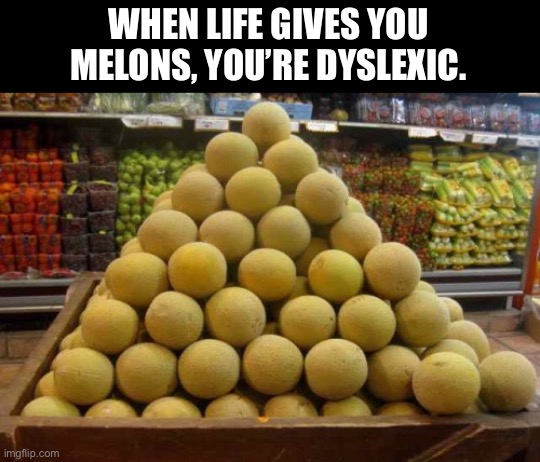 Dyxlexic | WHEN LIFE GIVES YOU MELONS, YOU’RE DYSLEXIC. | image tagged in melon pyramid | made w/ Imgflip meme maker