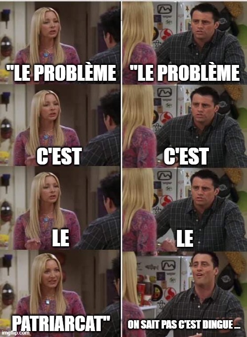 Phoebe Joey | "LE PROBLÈME; "LE PROBLÈME; C'EST; C'EST; LE; LE; PATRIARCAT"; ON SAIT PAS C'EST DINGUE ... | image tagged in phoebe joey | made w/ Imgflip meme maker