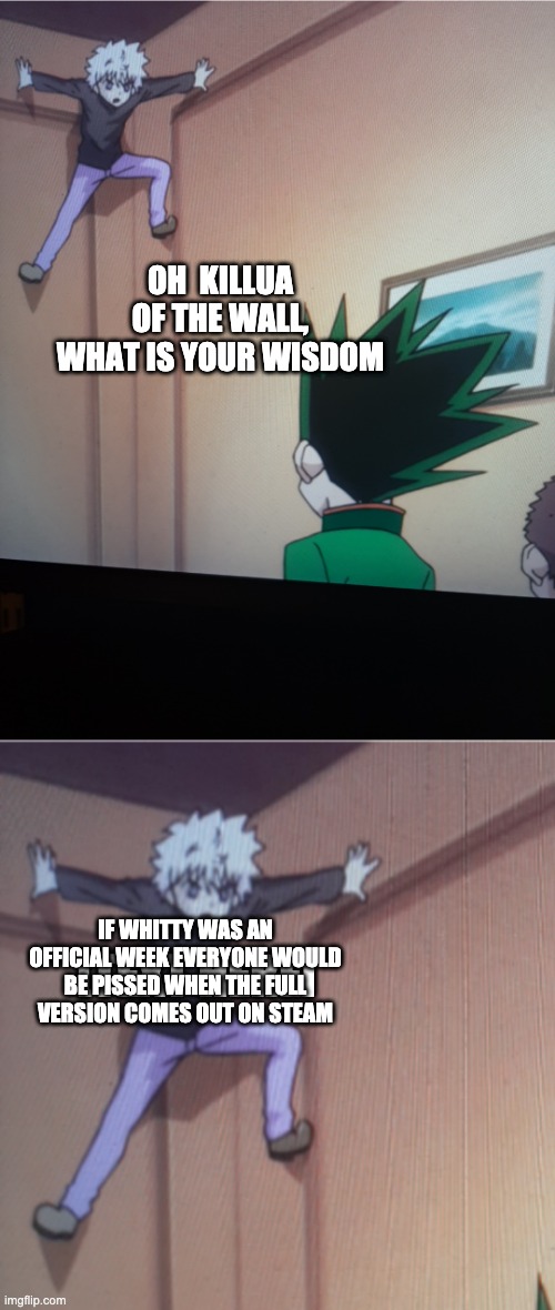 that was pretty deep | IF WHITTY WAS AN OFFICIAL WEEK EVERYONE WOULD BE PISSED WHEN THE FULL VERSION COMES OUT ON STEAM | image tagged in killua of the wall,hunter x hunter,memes,friday night funkin | made w/ Imgflip meme maker
