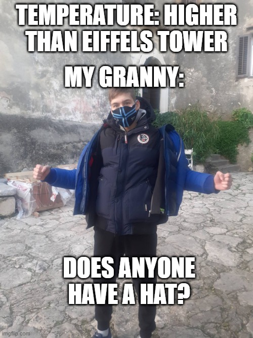  TEMPERATURE: HIGHER THAN EIFFELS TOWER; MY GRANNY:; DOES ANYONE HAVE A HAT? | image tagged in granny,cold weather,warm weather | made w/ Imgflip meme maker
