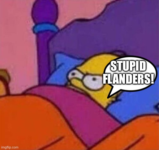 angry homer simpson in bed | STUPID FLANDERS! | image tagged in angry homer simpson in bed | made w/ Imgflip meme maker