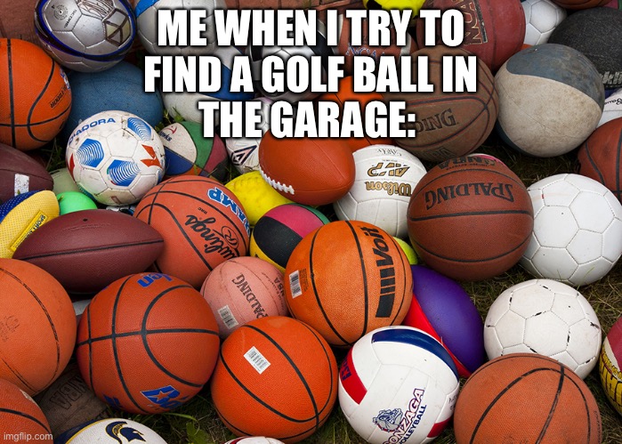 That’s a lot of balls. | ME WHEN I TRY TO FIND A GOLF BALL IN; THE GARAGE: | image tagged in memes,sports,garage,hehehe | made w/ Imgflip meme maker
