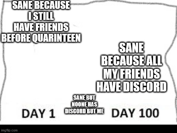 quarinteenn | SANE BECAUSE I STILL HAVE FRIENDS BEFORE QUARINTEEN; SANE BECAUSE ALL MY FRIENDS HAVE DISCORD; SANE BUT NOONE HAS DISCORD BUT ME | image tagged in day 1-100 | made w/ Imgflip meme maker