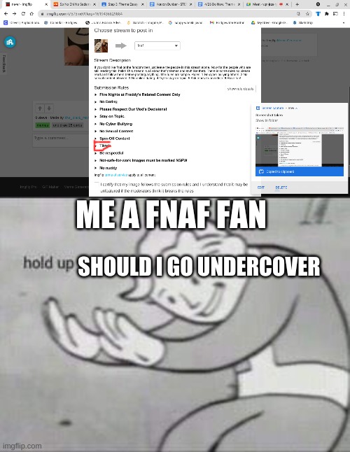 ME A FNAF FAN; SHOULD I GO UNDERCOVER | image tagged in fallout hold up | made w/ Imgflip meme maker