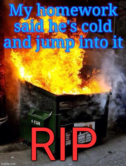 F | My homework said he's cold and jump into it; RIP | image tagged in dumpster fire | made w/ Imgflip meme maker