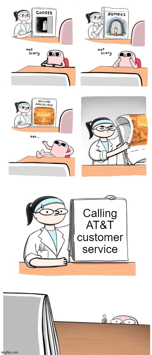 Not Scary | Calling AT&T customer service | image tagged in not scary | made w/ Imgflip meme maker