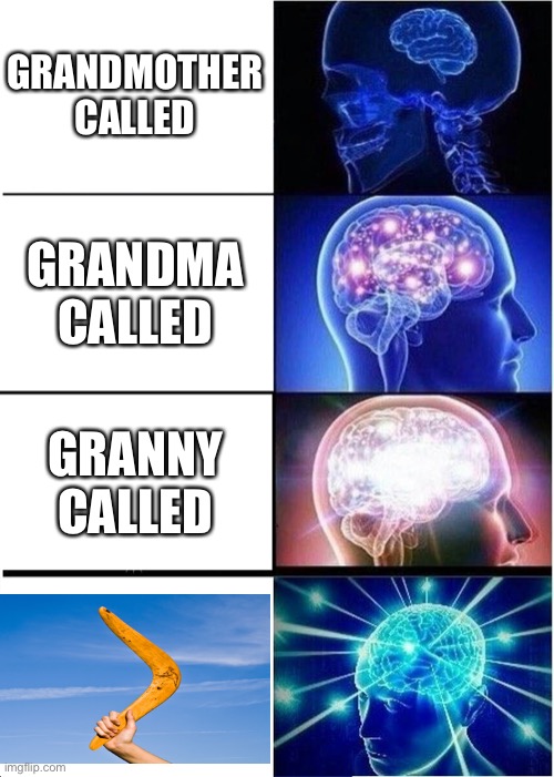Boomerang | GRANDMOTHER CALLED; GRANDMA CALLED; GRANNY CALLED | image tagged in memes,expanding brain | made w/ Imgflip meme maker