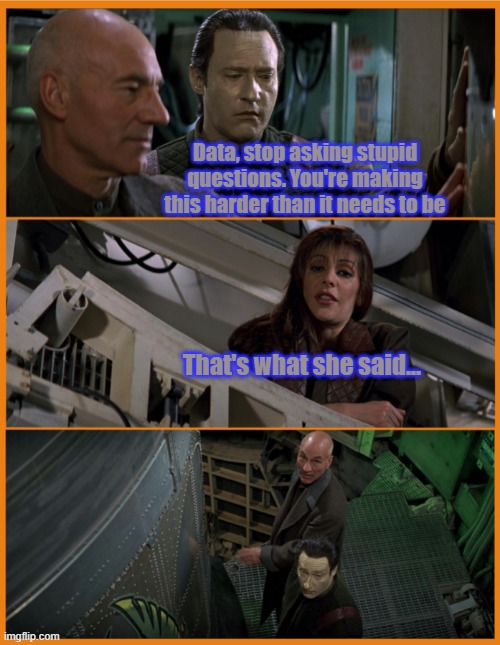 Data, stop asking stupid questions. You're making this harder than it needs to be; That's what she said... | image tagged in picard | made w/ Imgflip meme maker