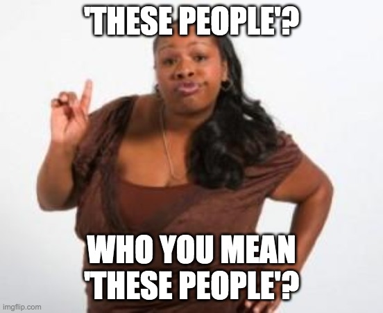 Angry Black Woman | 'THESE PEOPLE'? WHO YOU MEAN
'THESE PEOPLE'? | image tagged in angry black woman | made w/ Imgflip meme maker
