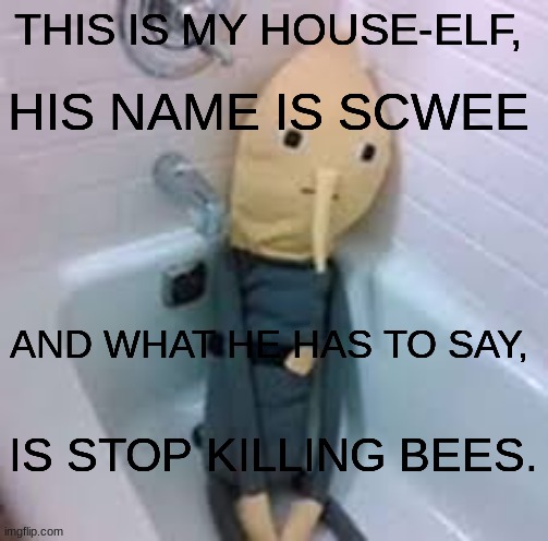 Scwee the house elf | HIS NAME IS SCWEE; THIS IS MY HOUSE-ELF, AND WHAT HE HAS TO SAY, IS STOP KILLING BEES. | image tagged in scwee,scwee the house elf,scwee says,ask scwee,stop killing bees,bees | made w/ Imgflip meme maker