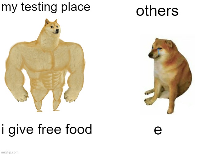 im online schooled but i have to do a test in a public one | my testing place; others; i give free food; e | image tagged in memes,buff doge vs cheems | made w/ Imgflip meme maker