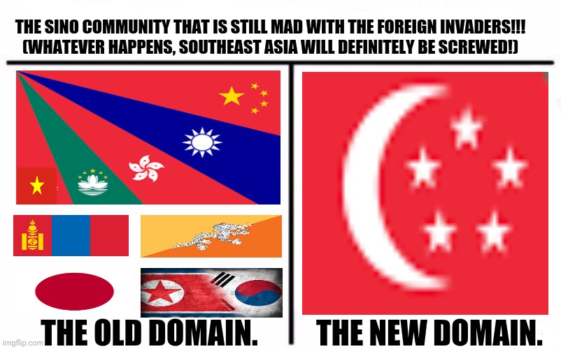 Who Would Win Blank | THE SINO COMMUNITY THAT IS STILL MAD WITH THE FOREIGN INVADERS!!!
(WHATEVER HAPPENS, SOUTHEAST ASIA WILL DEFINITELY BE SCREWED!); THE OLD DOMAIN. THE NEW DOMAIN. | image tagged in memes,made in china,abomination | made w/ Imgflip meme maker