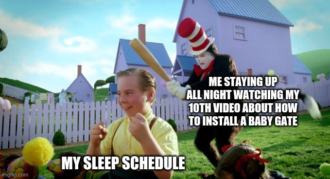 Meme | ME STAYING UP ALL NIGHT WATCHING MY 10TH VIDEO ABOUT HOW TO INSTALL A BABY GATE; MY SLEEP SCHEDULE | image tagged in cat in the hat with a bat ______ colorized,memes,funny,relatable | made w/ Imgflip meme maker