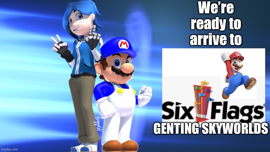 Six Flags have officially replaced Blue Sky Studios with Glitch Productions at Six Flags Genting SkyWorlds | We’re ready to arrive to; GENTING SKYWORLDS | image tagged in blue gamers,memes,six flags,smg4,glitch productions,six flags genting skyworlds | made w/ Imgflip meme maker
