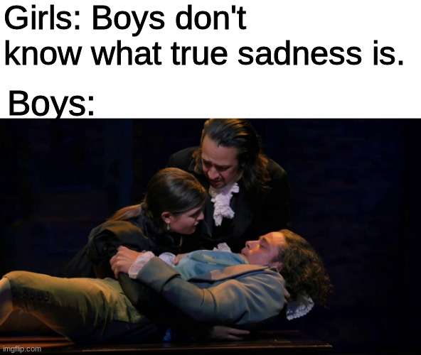 Mom, I'm so sorry for forgetting what you taught me... | Girls: Boys don't know what true sadness is. Boys: | image tagged in hamilton,boys vs girls | made w/ Imgflip meme maker