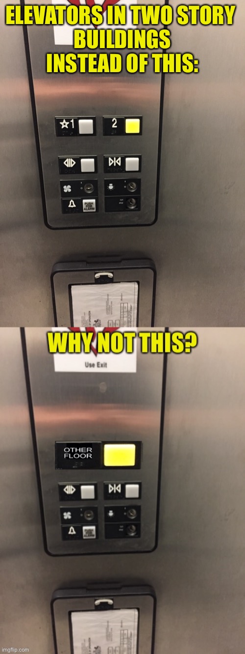 Uplifting Thoughts During Short Rides | ELEVATORS IN TWO STORY 
BUILDINGS
INSTEAD OF THIS: | image tagged in elevator,two stories,buttons | made w/ Imgflip meme maker