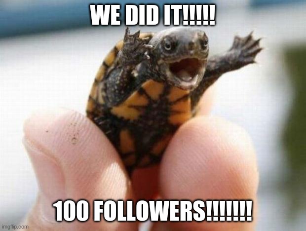 We did it guys!!!! I want to give a big thanks to everyone for making this possible!!! Love you all! Thanks so much!  <3 | WE DID IT!!!!! 100 FOLLOWERS!!!!!!! | image tagged in happy baby turtle | made w/ Imgflip meme maker
