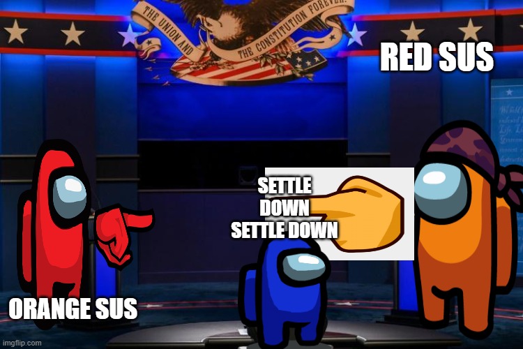 sus | RED SUS; SETTLE DOWN SETTLE DOWN; ORANGE SUS | image tagged in sus,vote,among us | made w/ Imgflip meme maker