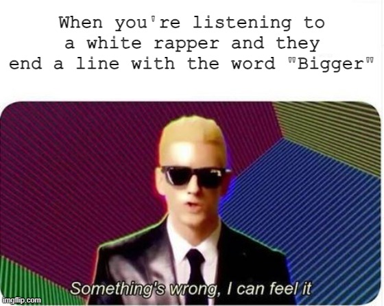 Something is wrong | When you're listening to a white rapper and they end a line with the word "Bigger" | image tagged in something's wrong i can feel it | made w/ Imgflip meme maker