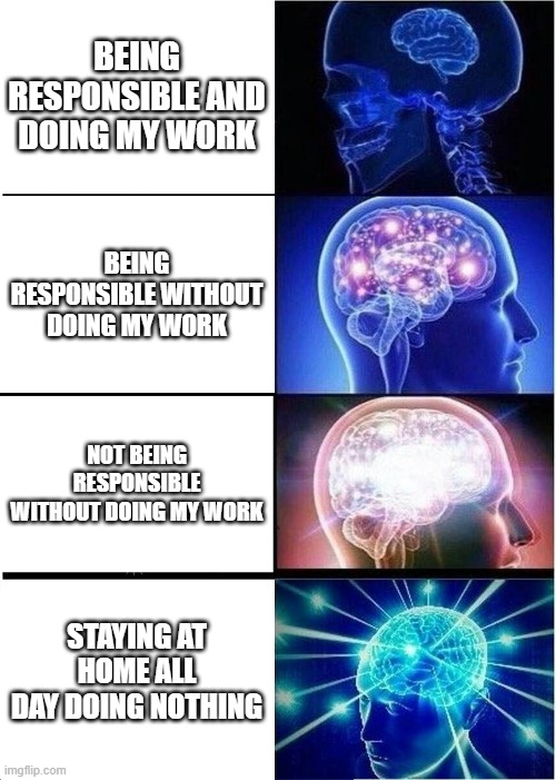 Expanding Brain | BEING RESPONSIBLE AND DOING MY WORK; BEING RESPONSIBLE WITHOUT DOING MY WORK; NOT BEING RESPONSIBLE WITHOUT DOING MY WORK; STAYING AT HOME ALL DAY DOING NOTHING | image tagged in memes,expanding brain | made w/ Imgflip meme maker