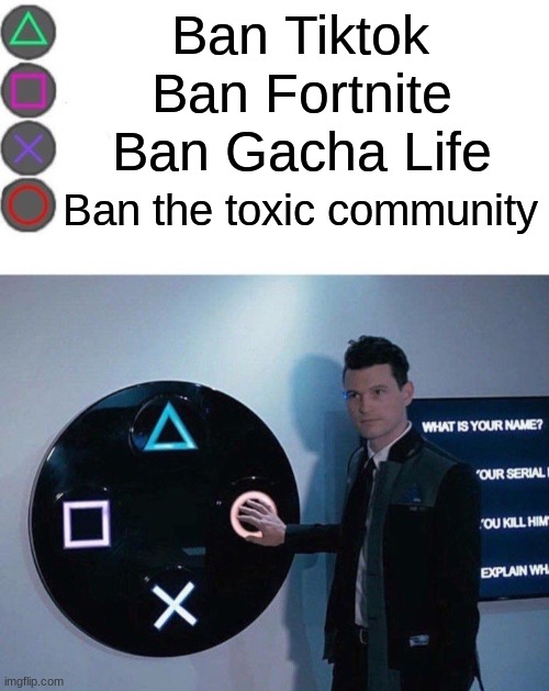 You're all wrong | Ban Tiktok; Ban Fortnite; Ban Gacha Life; Ban the toxic community | image tagged in 4 buttons | made w/ Imgflip meme maker