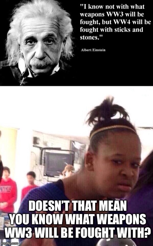 Come on einstein | DOESN’T THAT MEAN YOU KNOW WHAT WEAPONS WW3 WILL BE FOUGHT WITH? | image tagged in memes,black girl wat,funny,albert einstein | made w/ Imgflip meme maker