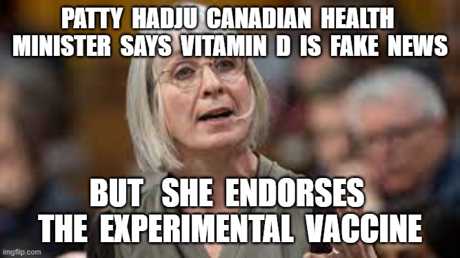 PATTY  HADJU  CANADIAN  HEALTH  MINISTER  SAYS  VITAMIN  D  IS  FAKE  NEWS; BUT   SHE  ENDORSES  THE  EXPERIMENTAL  VACCINE | image tagged in plandemic,vaccines,covid19,patty hadju,vitamin d | made w/ Imgflip meme maker