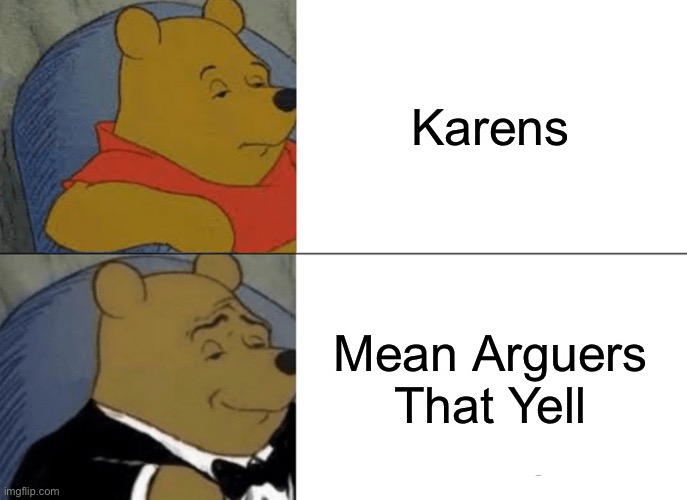 Before, after Part 17 (Karen addition) | Karens; Mean Arguers That Yell | image tagged in memes,tuxedo winnie the pooh | made w/ Imgflip meme maker