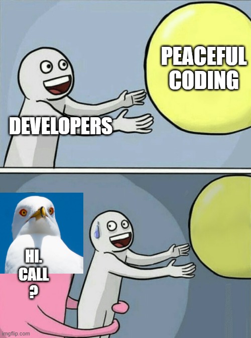 Tester wants a word | PEACEFUL CODING; DEVELOPERS; HI.
CALL
? | image tagged in memes,running away balloon | made w/ Imgflip meme maker