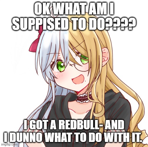 OK WHAT AM I SUPPISED TO DO???? I GOT A REDBULL- AND I DUNNO WHAT TO DO WITH IT. | made w/ Imgflip meme maker