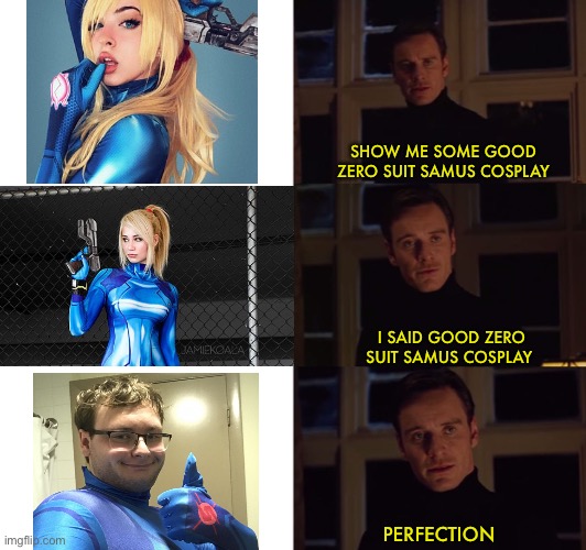 Cursed cosplay |  SHOW ME SOME GOOD ZERO SUIT SAMUS COSPLAY; I SAID GOOD ZERO SUIT SAMUS COSPLAY; PERFECTION | image tagged in perfection,cosplay fail,samus,metroid,super smash bros,memes | made w/ Imgflip meme maker