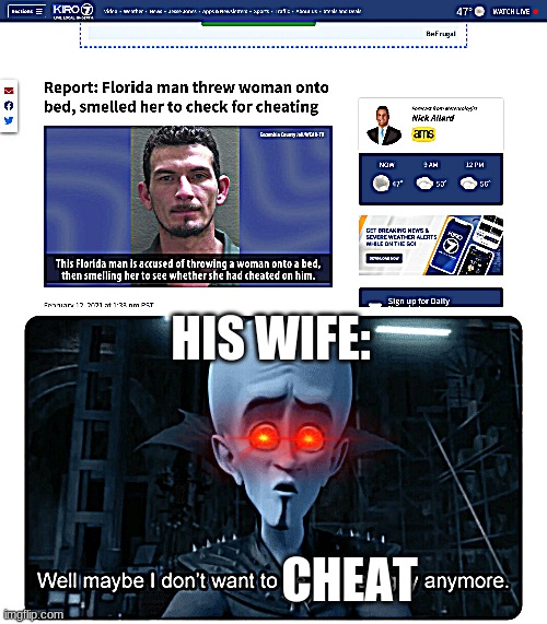 HIS WIFE:; CHEAT | image tagged in megamind doesn't want to be the bad guy anymore | made w/ Imgflip meme maker