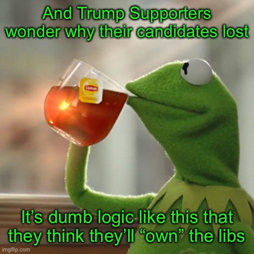 But That's None Of My Business Meme | And Trump Supporters wonder why their candidates lost It’s dumb logic like this that they think they’ll “own” the libs | image tagged in memes,but that's none of my business,kermit the frog | made w/ Imgflip meme maker