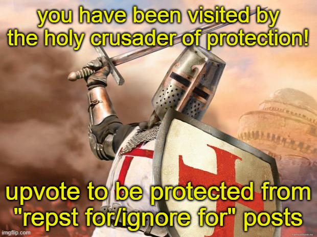 theyre so annoying | you have been visited by the holy crusader of protection! upvote to be protected from "repst for/ignore for" posts | image tagged in crusader | made w/ Imgflip meme maker