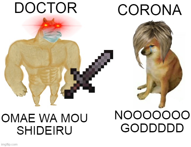 HAHA | DOCTOR; CORONA; NOOOOOOO GODDDDD; OMAE WA MOU
SHIDEIRU | image tagged in memes,buff doge vs cheems | made w/ Imgflip meme maker
