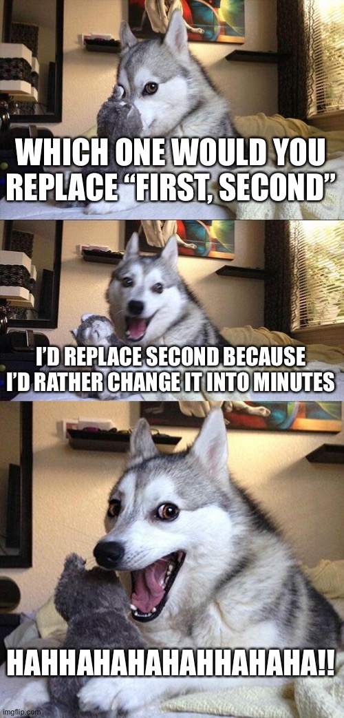 This is time consuming | WHICH ONE WOULD YOU REPLACE “FIRST, SECOND”; I’D REPLACE SECOND BECAUSE I’D RATHER CHANGE IT INTO MINUTES; HAHHAHAHAHAHHAHAHA!! | image tagged in memes,bad pun dog | made w/ Imgflip meme maker